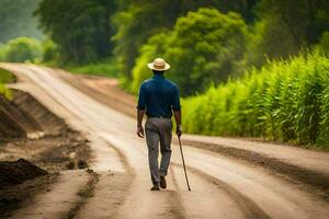 a man walking down a dirt road with cane. AI-Generated photo