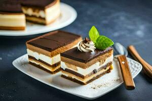 two slices of cake with chocolate and cream on top. AI-Generated photo