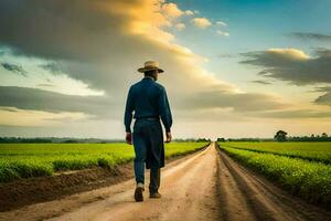 a man in a hat walks down a dirt road. AI-Generated photo