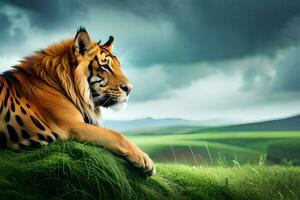 a tiger is sitting on a grassy hill. AI-Generated photo