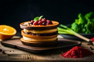 a stack of pancakes with cranberries and orange slices. AI-Generated photo