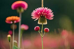 a pink flower is hanging from a bird feeder. AI-Generated photo