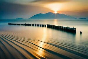 a long exposure photograph of a pier in the ocean. AI-Generated photo