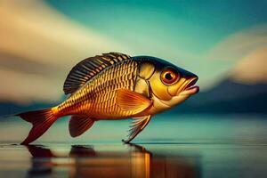 un pescado es en pie en el agua con un antecedentes. generado por ai foto