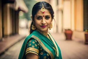 a beautiful indian woman in a traditional sari. AI-Generated photo