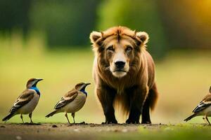 a lion standing next to three birds. AI-Generated photo