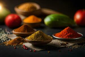 spices and spices on a black background. AI-Generated photo