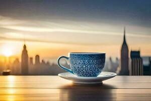 coffee cup on the table with cityscape in the background. AI-Generated photo