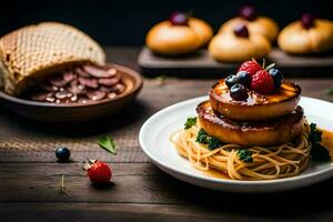 a plate of food with spaghetti, berries and bread. AI-Generated photo