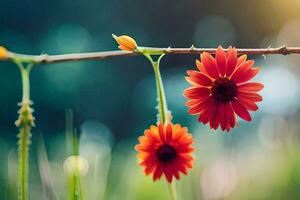 red flowers hanging from a branch in the grass. AI-Generated photo