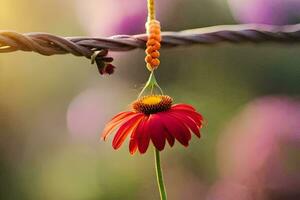 a red flower hanging from a wire. AI-Generated photo