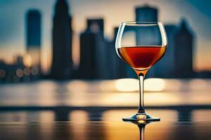 a glass of wine in front of a city skyline. AI-Generated photo