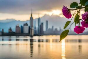 a flower is in front of a city skyline. AI-Generated photo