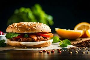 a hamburger with tomatoes, lettuce and spices. AI-Generated photo