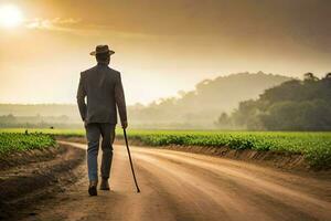 a man in a suit and hat walking down a dirt road. AI-Generated photo