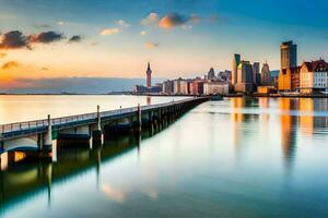 a city skyline at sunset with a pier and water. AI-Generated photo