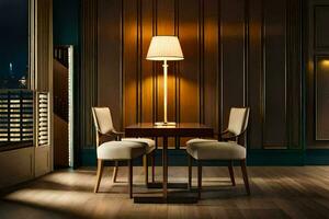 un comida habitación con un mesa y sillas. generado por ai foto