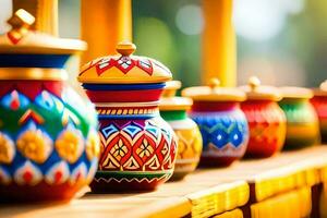 colorful pots on a wooden table. AI-Generated photo