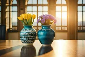 dos floreros con flores sentado en un mesa. generado por ai foto