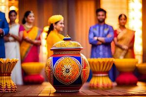 a group of people in colorful outfits standing around a colorful vase. AI-Generated photo