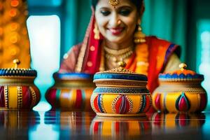 a woman in traditional indian attire sits in front of colorful pots. AI-Generated photo