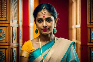 a woman in a sari with gold jewelry. AI-Generated photo