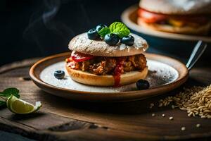 a hamburger with blueberries and tomatoes on a plate. AI-Generated photo