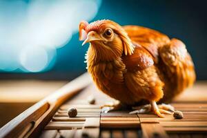 a chicken is sitting on a wooden table. AI-Generated photo