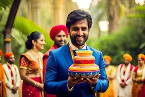 a man in a turban holding a cake. AI-Generated photo
