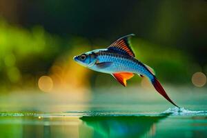 un pescado es volador terminado agua en el oscuro. generado por ai foto