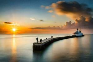 a boat is docked at the end of a pier at sunset. AI-Generated photo