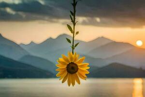 un girasol colgando desde un vino terminado un lago y montañas. generado por ai foto