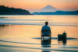 a man sitting on a chair in the water with a mountain in the background. AI-Generated photo