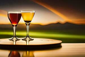 two glasses of wine on a table with a sunset in the background. AI-Generated photo