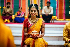 a woman in traditional indian attire sits on a step. AI-Generated photo