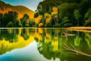 a man is rowing a canoe on a lake surrounded by trees. AI-Generated photo