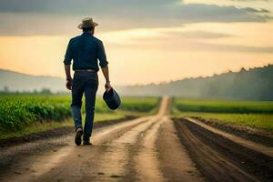 un hombre caminando abajo un suciedad la carretera con un sombrero. generado por ai foto