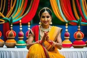 a beautiful indian bride in a colorful sari. AI-Generated photo