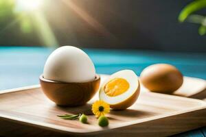 an egg and a half of an egg on a wooden tray. AI-Generated photo