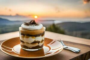 the dessert is served on a plate with a fork and a knife. AI-Generated photo