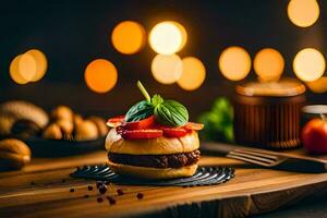 a hamburger with tomato, basil and cheese on a wooden cutting board. AI-Generated photo