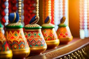 colorful pots lined up on a table. AI-Generated photo