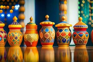 a row of colorful vases lined up on a table. AI-Generated photo