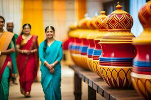 un grupo de mujer en saris en pie siguiente a vistoso ollas. generado por ai foto