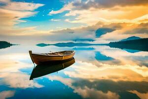 a boat floating on a calm lake with clouds reflecting in the water. AI-Generated photo