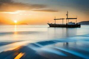 un barco es flotante en el Oceano a puesta de sol. generado por ai foto