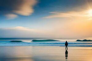 un hombre en pie en el playa a puesta de sol. generado por ai foto