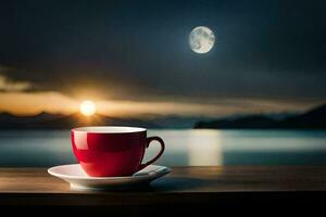 a red cup sits on a table with a view of the moon and sea. AI-Generated photo