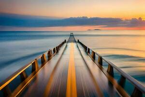 a long exposure photograph of a pier at sunset. AI-Generated photo