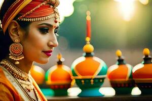 a woman in traditional indian attire with colorful lamps. AI-Generated photo